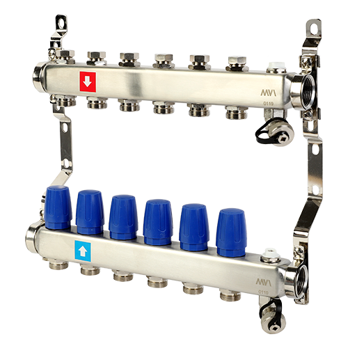 Коллектор 1" х 3/4"ЕК на 6 выходов без расход. с дренажным краном и краном Маевского MVI MS.606.06